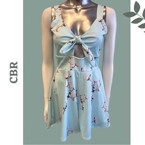 🛍️3/$40 CBR Romper Blue Pink Cherry Blossom Shorts Cut Out Tie Front Size Medium